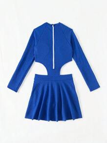 青少女紋理長袖開背一片式泳裝 - 藍色 - 查看 2