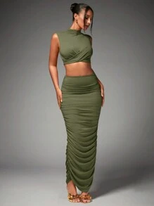 SHEIN BAE Women's High Collar Puffed Sleeve Crop Top With Ruffle Detail And Skirt Two-Piece Set For New Year's Eve Party - Army Green - View 4