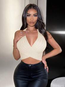 SHEIN SXY 女款黑色掛脖交叉設計針織短版上衣，秋冬款 - 白色 - 查看 4