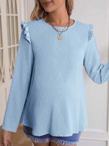 SHEIN Maternity Back Button Placket Frill Edge Stitching Shirt - Baby Blue - View 3