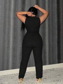 Slaydiva Plus Size Chain Decor Sleeveless Top And Pants Set - Black - View 3