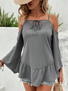 SHEIN LUNE 女款空心肩扣前打結襯衫 - 灰色 - 查看 6