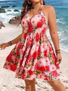 Flirla Kleid Für Frauen In Übergröße Mit Floralen Print, Träger-neckholder-design - Verschiedenfarbig - Übersicht 3