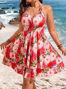Flirla Kleid Für Frauen In Übergröße Mit Floralen Print, Träger-neckholder-design - Verschiedenfarbig - Übersicht 4