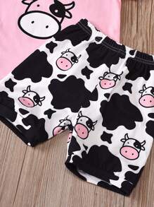 SHEIN Young Girl Cow Print Tee & Shorts Set - Multicolor - View 4