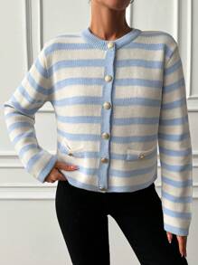 EURMUSE Vertical Striped Button Up Cardigan - Baby Blue - View 3