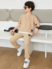 SHEIN Teenage Boys' Casual Two-Piece Set Including 2 In 1 T-Shirt And Long Pants With Weaving Label, Leisure Style - Multicolor - View 3