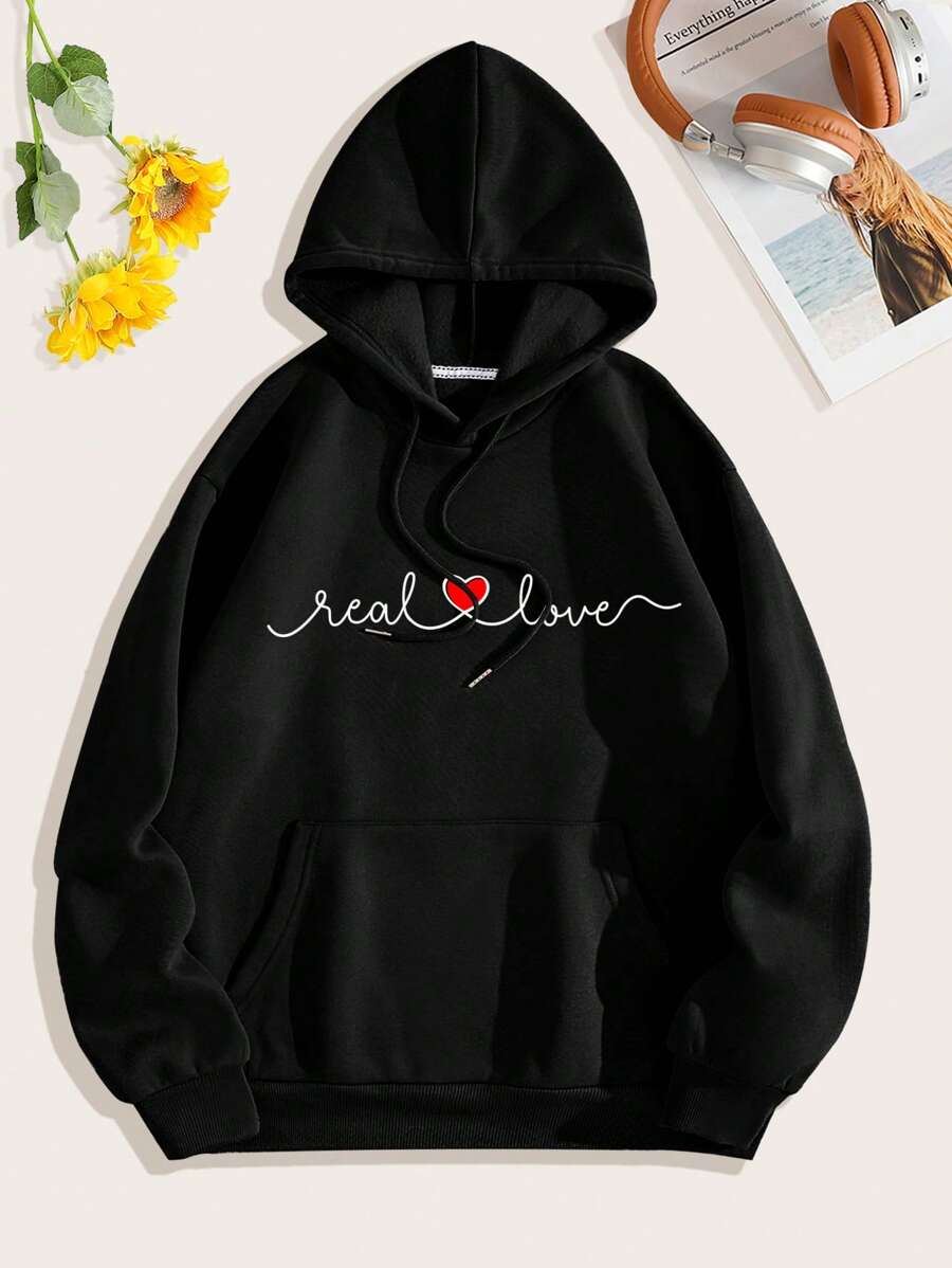 SHEIN EZwear Của phụ nữ áo có mũ Lông cừu Áo nỉ Với Love In thư Và Dây rút - màu đen - Xem 1
