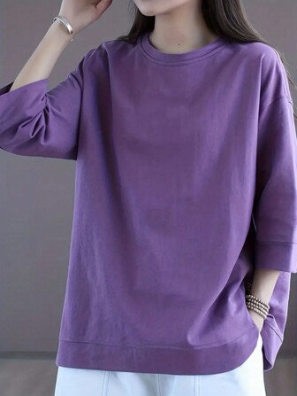 Women's Solid Color Casual Loose Fit Round Neck Drop Shoulder T-Shirt