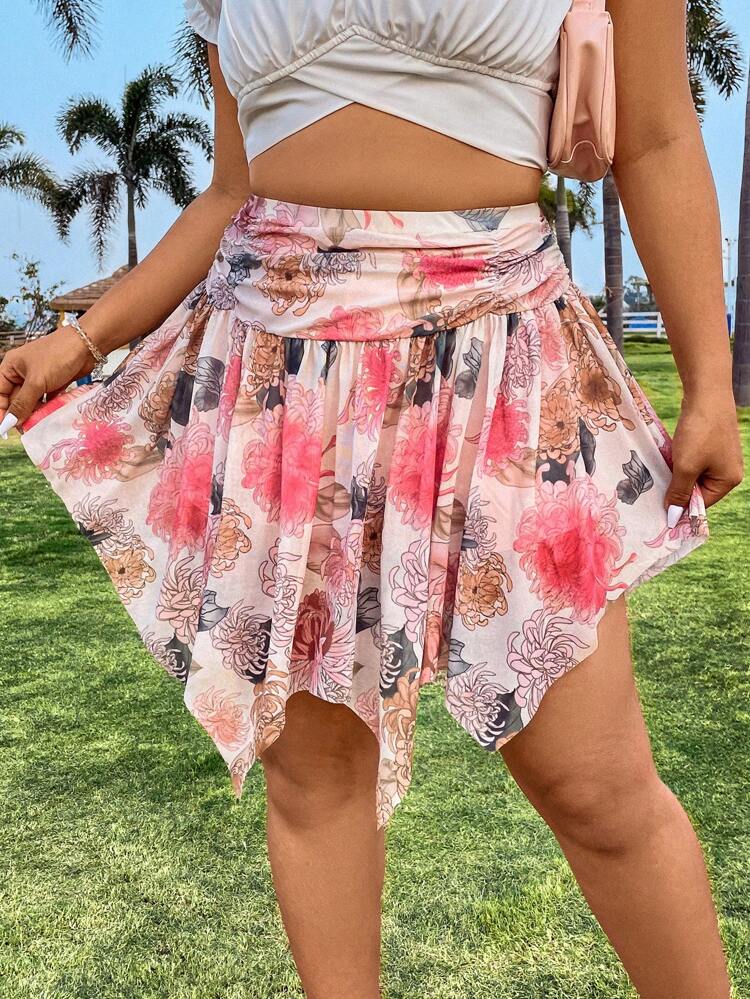 Plus Size Full Print Asymmetric Hem Skirt