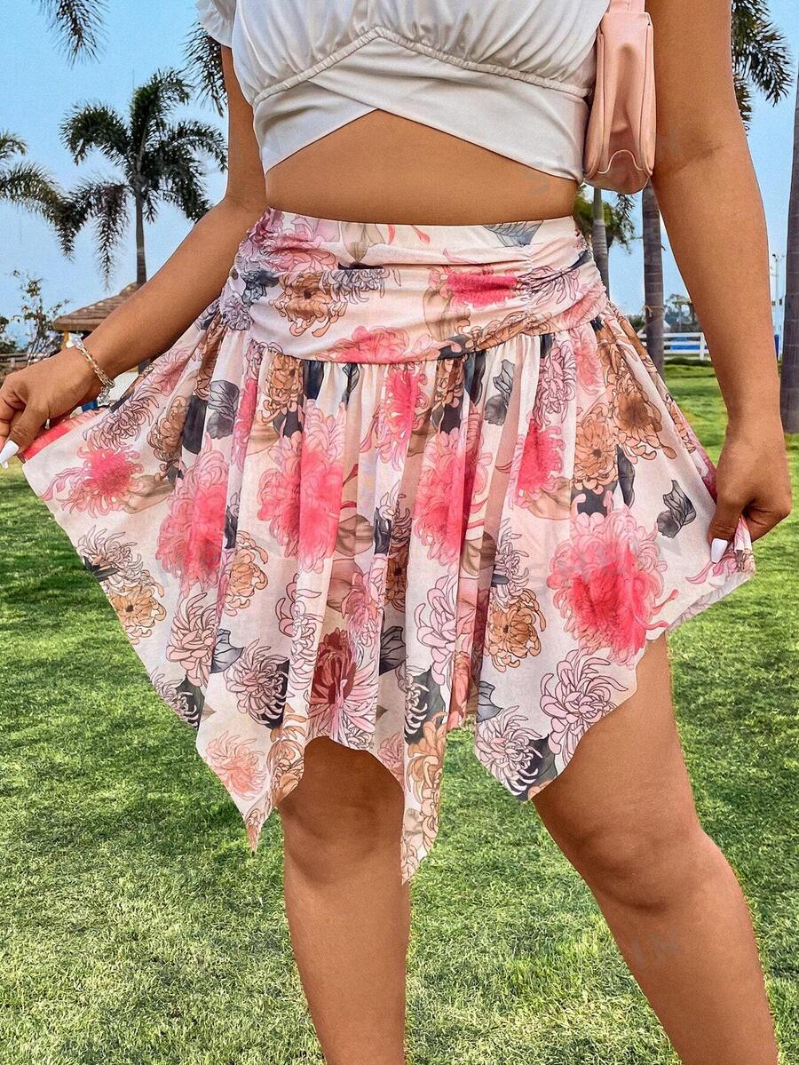 Flirla Falda Con Dobladillo Asimétrico Y Estampado Completo De Talla Grande