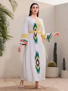 Al Najma 寬鬆休閒拼布印花洋裝 - 杏色 - 查看 7