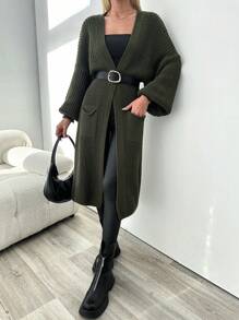 EURMUSE Ladies' Mid-Length Open Front Cardigan With Patch Pockets - Army Green - View 3