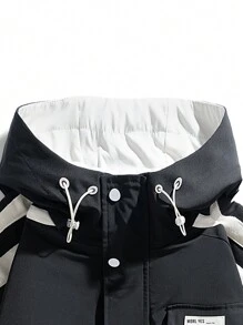 Men's Letter Print Striped Zip Front Hooded Jacket, Fall - Black - View 4