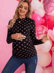 SHEIN Maternity Heart Print Stand Collar T-Shirt - Black - View 1