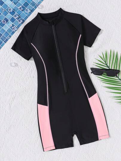 SHEIN 青少女針織拼色和對比縫合襉肩連體泳衣,適用於夏季、海灘、游泳池