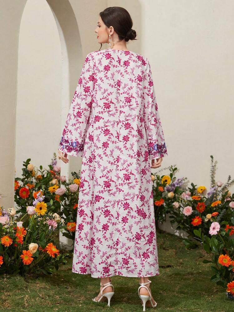 Women's Floral Print Bell Sleeve Arabic Style Dress