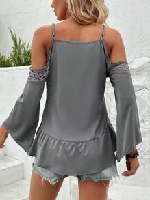 SHEIN LUNE 女款空心肩扣前打結襯衫 - 灰色 - 查看 3