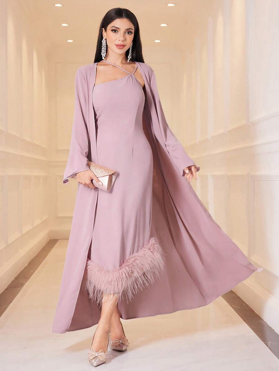 Modelyn Damenkleid Mit Pelzigem Saum Und Jacke, Zweiteiliges Set