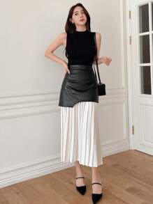 DAZY Women's Colorblock Pleated Skirt With Ruffles Hem,Fall Clothes Winter Women Skirts - Black and White - View 5