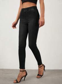 Skinny High Waisted Denim Jeans - Black - View 3