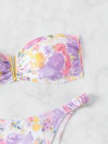 SHEIN Swim 夏季海滩女士两件套比基尼套装，花卉印花荷叶边，假日海滩泳装狂欢节 - 彩色 - 查看 4