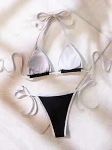 SHEIN Swim Summer Beach Women's Color Block Halter Neck Separated Bikini Set Wedding - Black and White - View 2
