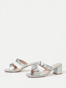 Women'S High Heeled Chunky Heel Sandals Decorated With Rhinestones - Silver - View 5