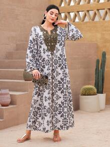 Al Najma Printed Patchwork Water Soluble Lace Notch Neck Jalabiya - Multicolor - View 7