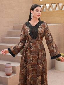 Al Najma Arabian Dresses Berikat Kontras Lace Paisley Anggun Modest - MultiWarna - View 1