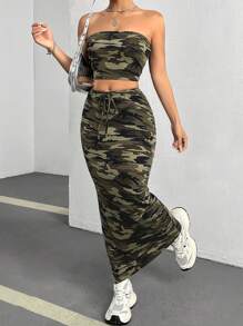 SHEIN EZwear Ladies' Camouflage Bandeau Top And Midi Length Skirt With Tie Set - Multicolor - View 3