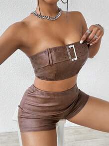 Zolique Frauen Tube-top Mit Metallschnalle - Braun - Übersicht 3