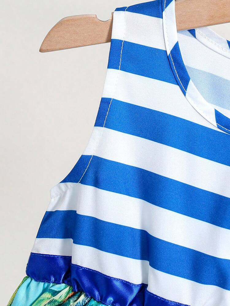 Baby Girl's Cartoon Ocean Printed Striped Pattern Blue Gingham Dress With Sleeveless Round Neck And Bucket Hat