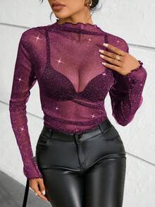 SHEIN Privé 女士閃亮的萵苣邊修身上衣 - 紫色 - 查看 5