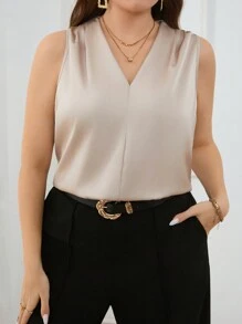Firerie Plus Size Ruched Back Vest, V-Neck Long Loose Casual Commuting Minimalist Style, Khaki & Champagne - Champagne - View 6