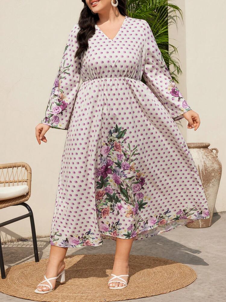 Plus Size Women's Arabic Style Printed Cinching Waist Dress