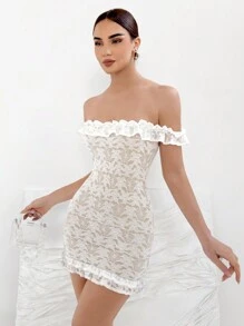 Aloruh Women's Ruffle Lace Dress With Ruffle Trim - White - View 3