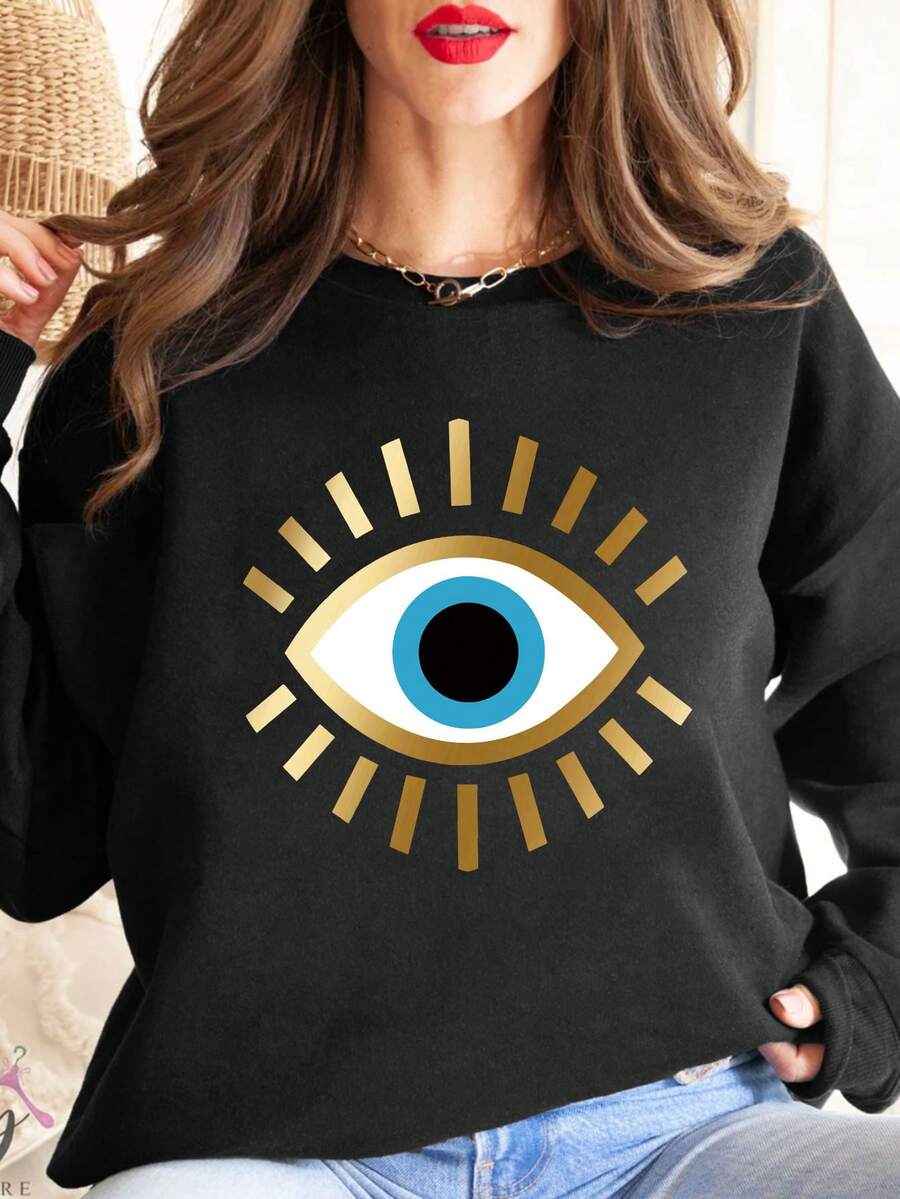 INAWLY 大尺碼女士眼睛印花圓領運動衫 - 黑色 - 查看 1