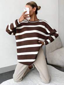SHEIN Cottnline Striped Pattern Drop Shoulder Sweater - Black - View 3