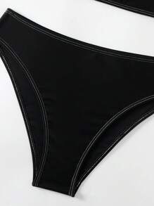 SHEIN Swim Women's See-Through Deep V-Neck Bikini Set With Spaghetti Straps Summer - Black - View 7