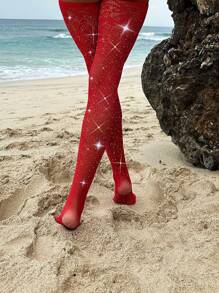 Rhinestone Studded Fishnet Lingerie Set With Stockings - Red - View 2