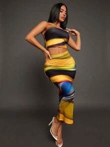 SHEIN SXY 女式無肩帶上衣和緊身包臀裙漸層套裝