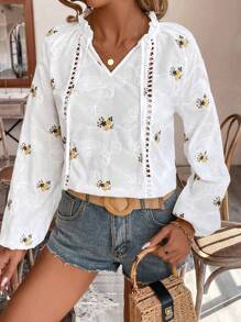 SHEIN Frenchy 假期夏季花卉刺繡氣球袖襯衫 - 白色 - 查看 2