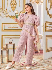 SHEIN 少女休閒圓領泡泡袖花卉連身褲 - 粉色 - 查看 2