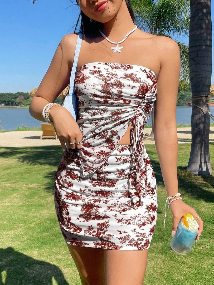 Soleia Holiday Themed Printed Strapless Top And Skirt Two Pieces Set - Mocha Brown - View 1