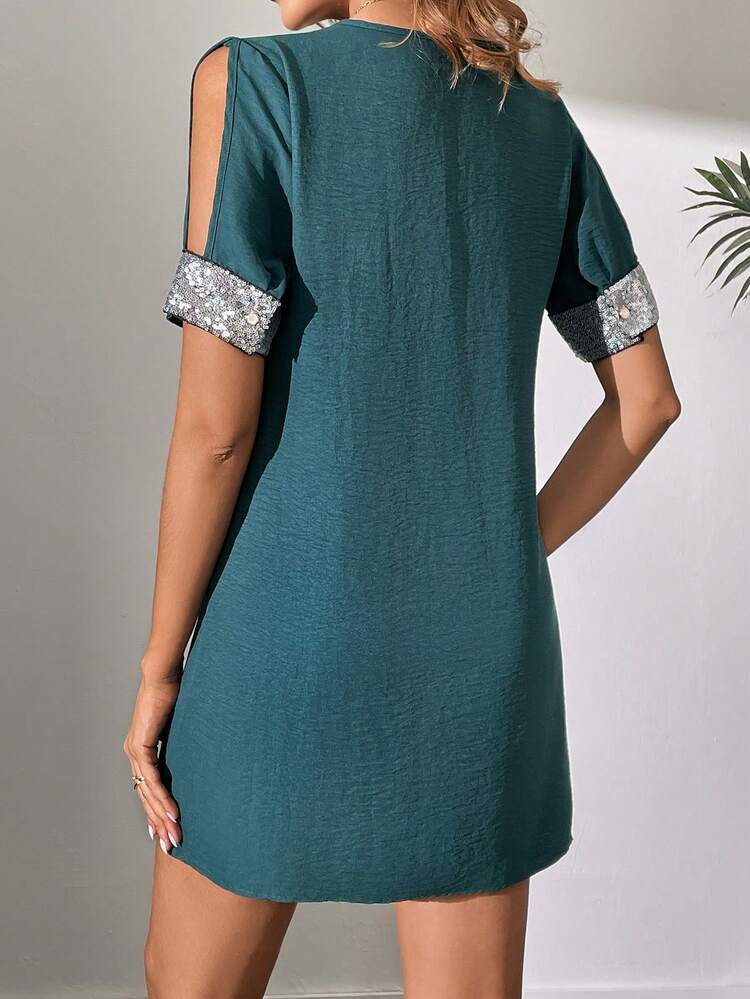 Women's V-Neck Patchwork Short Sleeve Dress
