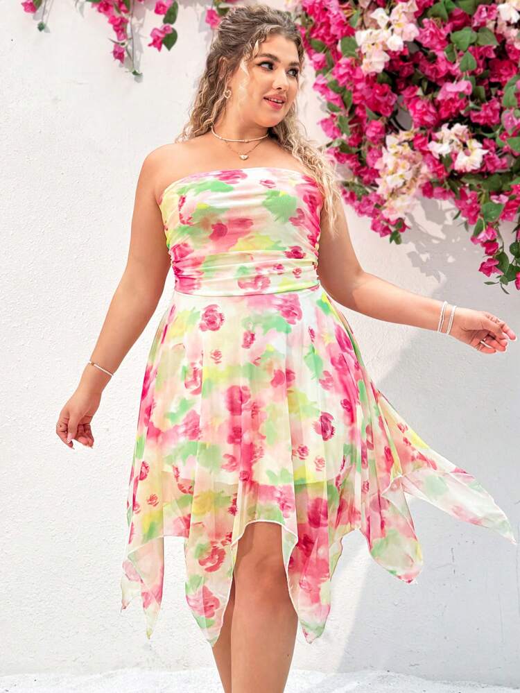 Plus Size Floral Print Asymmetric Hem Strapless Dress