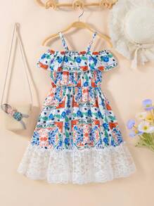 SHEIN Young Girl's Holiday Hollow Out Shoulder Sleeveless Floral Patchwork Dress With Ruffle Hem For Summer - Multicolor - View 2