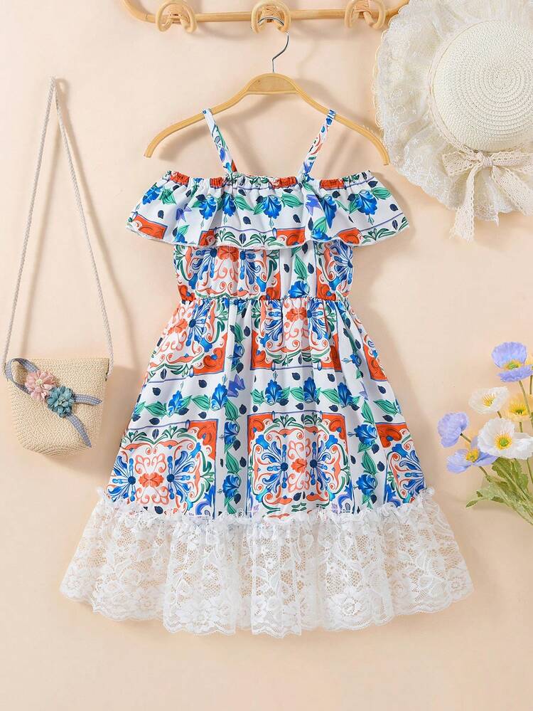 Young Girl's Holiday Hollow Out Shoulder Sleeveless Floral Patchwork Dress With Ruffle Hem For Summer
