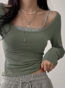 DAZY 女式两件套吊带背心和 T 恤，秋季服装长袖女上衣 - 軍綠色 - 查看 3